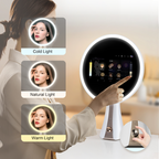 Professional LED studio lighting modes on Glowé Mirror AI including Warm, Natural, and Cold light settings