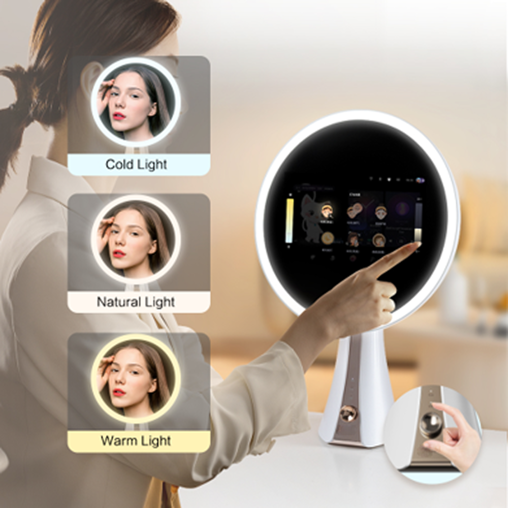 Professional LED studio lighting modes on Glowé Mirror AI including Warm, Natural, and Cold light settings