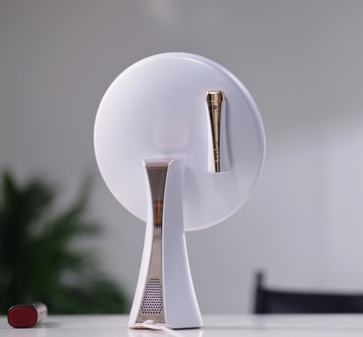 Rear view of the Glowé Mirror AI highlighting the slim ergonomic design and stable stand